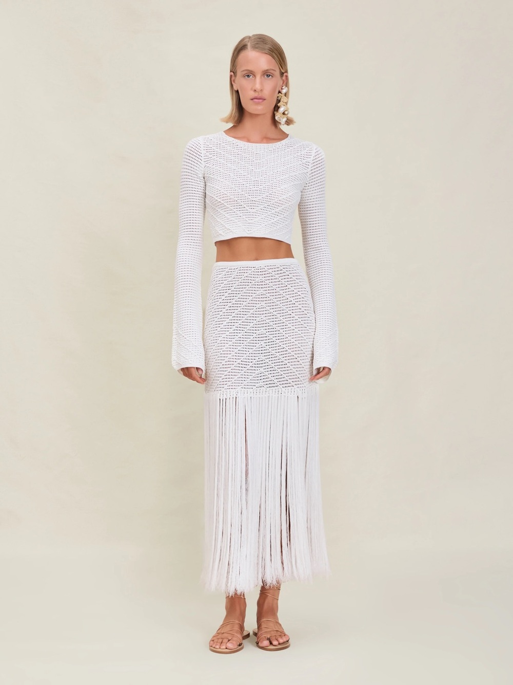 Devon Windsor White Crochet Fringe Midi Skirt